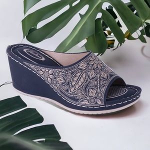 Italina Stunning Black Embroidered Comfort Wedge